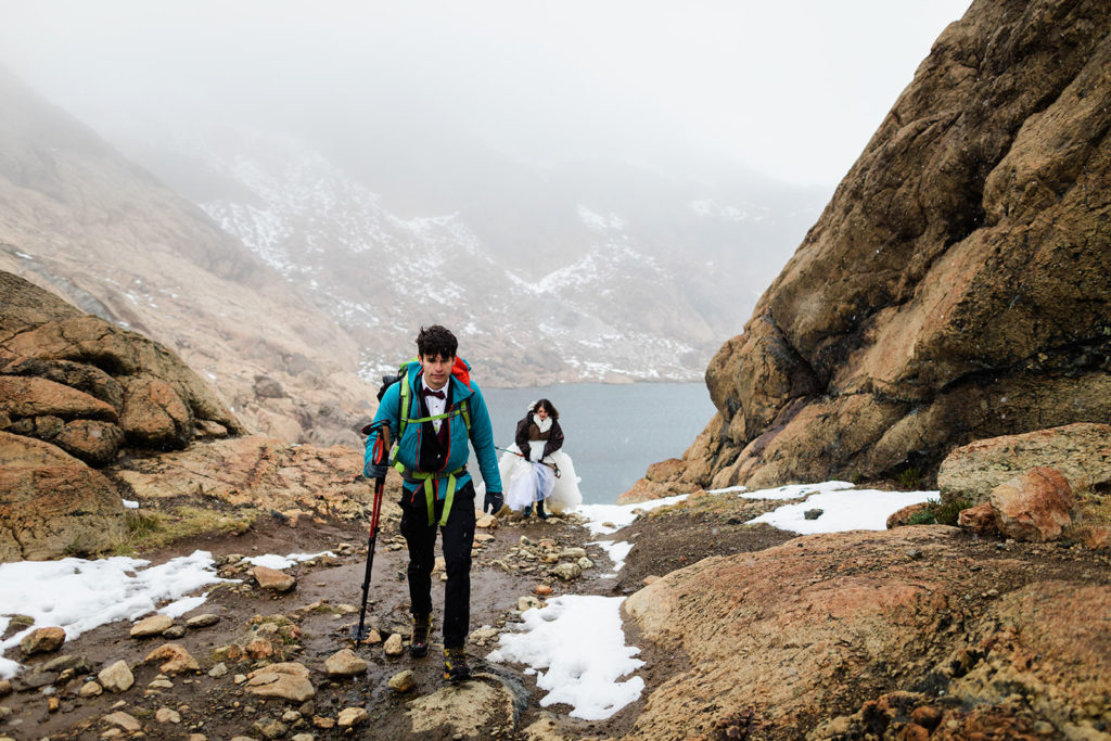 Bride and groom hiking in Washington State