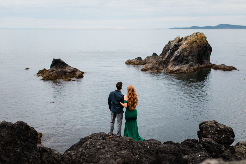 Couple in front of Deception Pass in Washington State