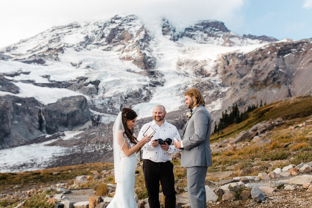 Couple eloping in front of Mt Rainier
