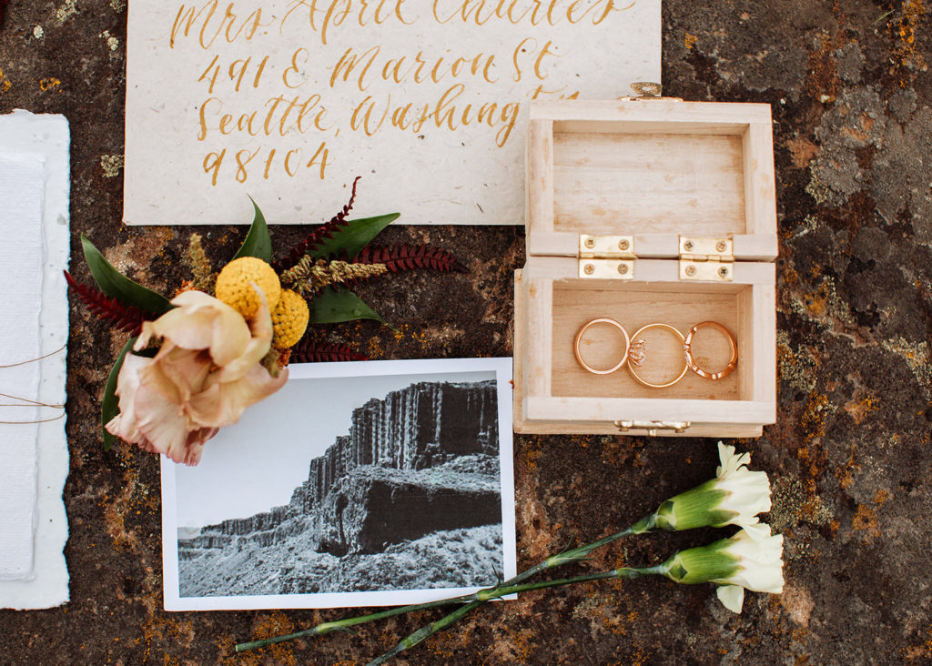 Wedding Flatlay with Invitations and Ring Box
