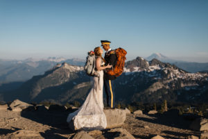 Bride and Military Groom embracing on Skyline Loop during their Mount Rainier Elopement