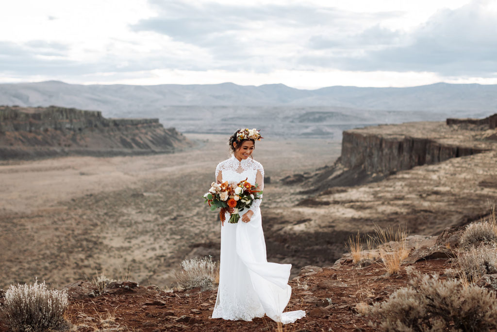 Bride in Wedding Dress in front of Columbia River Gorge