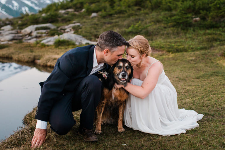 Newlyweds with their dog at Park Butte Lookout in the Snoqualmie National Forest
